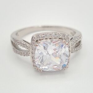 Cushion Cut Halo CZ Ring | Split Shank Pavé Band | Silver Statement  Size 7.5-8